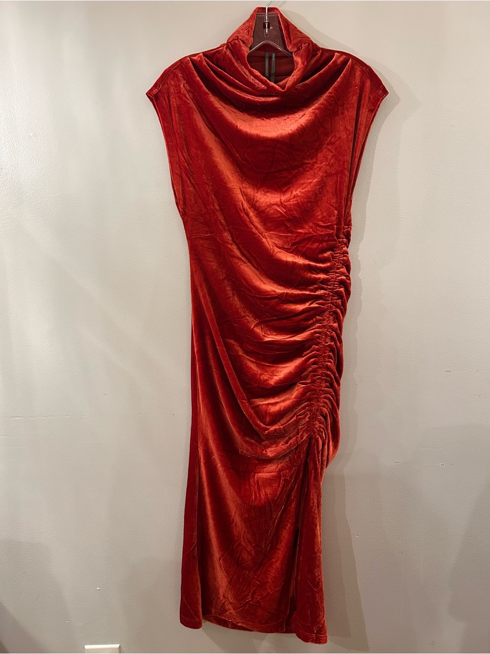 The Maya Stretch Velvet Cowl-Neck Amber Burnt Orange Cocktail Dress